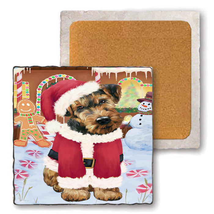 Christmas Gingerbread House Candyfest Airedale Terrier Dog Set of 4 Natural Stone Marble Tile Coasters MCST51121