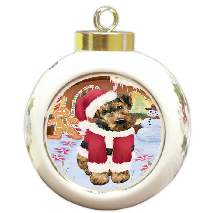 Christmas Gingerbread House Candyfest Airedale Terrier Dog Round Ball Christmas Ornament RBPOR56477