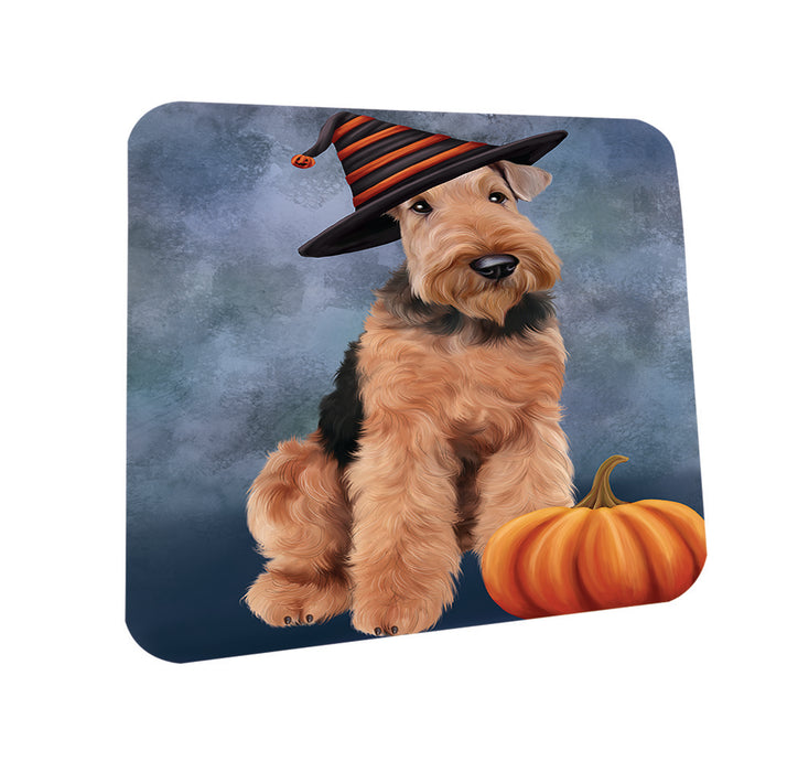 Happy Halloween Airedale Terrier Dog Wearing Witch Hat with Pumpkin Coasters Set of 4 CST54886