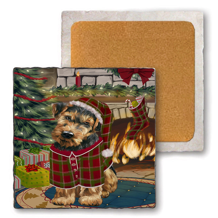 The Stocking was Hung Airedale Terrier Dog Set of 4 Natural Stone Marble Tile Coasters MCST50148