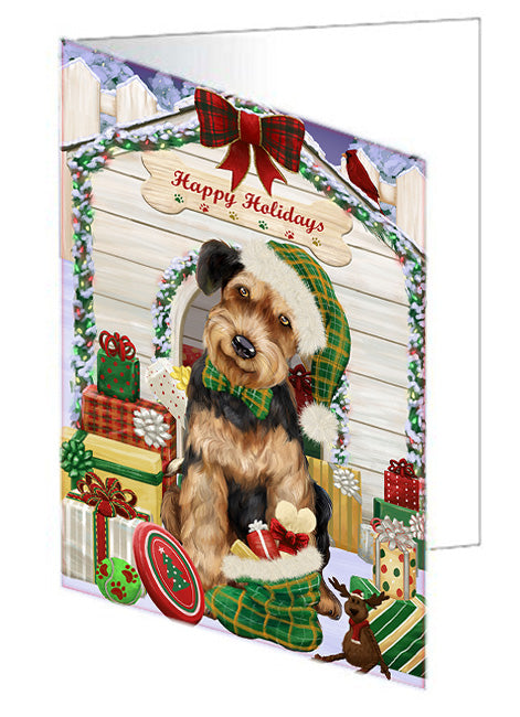 Happy Holidays Christmas Airedale Terrier Dog House with Presents Handmade Artwork Assorted Pets Greeting Cards and Note Cards with Envelopes for All Occasions and Holiday Seasons GCD57917