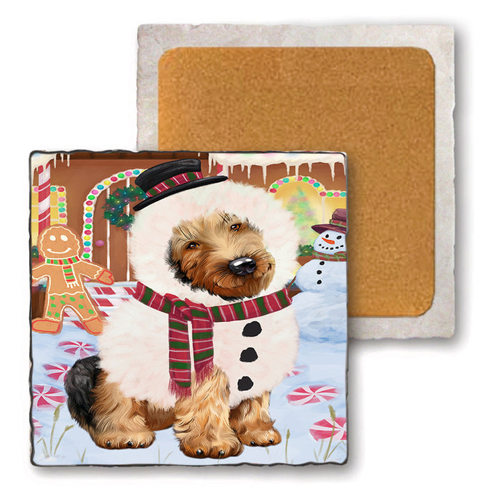 Christmas Gingerbread House Candyfest Airedale Terrier Dog Set of 4 Natural Stone Marble Tile Coasters MCST51122