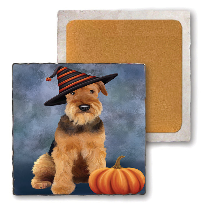 Happy Halloween Airedale Terrier Dog Wearing Witch Hat with Pumpkin Set of 4 Natural Stone Marble Tile Coasters MCST49929