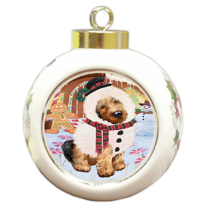 Christmas Gingerbread House Candyfest Airedale Terrier Dog Round Ball Christmas Ornament RBPOR56478