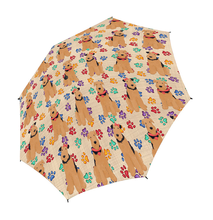 Rainbow Paw Print Airedale Dogs Red Semi-Automatic Foldable Umbrella