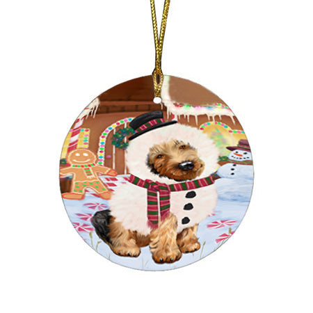 Christmas Gingerbread House Candyfest Airedale Terrier Dog Round Flat Christmas Ornament RFPOR56478