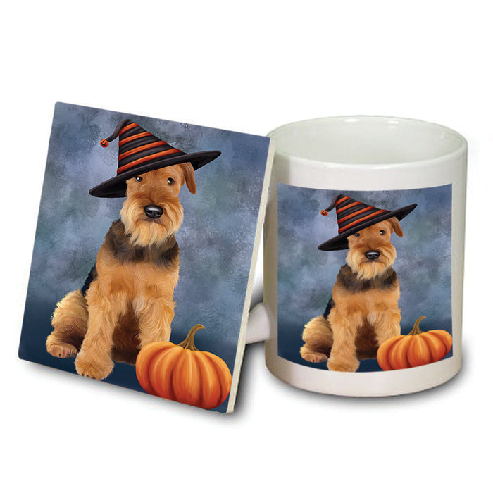 Happy Halloween Airedale Terrier Dog Wearing Witch Hat with Pumpkin Mug and Coaster Set MUC54921