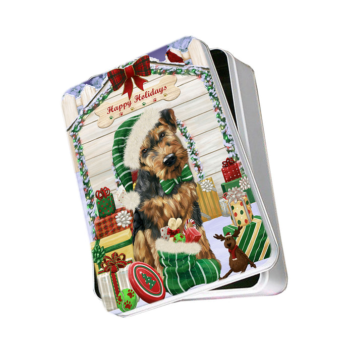 Happy Holidays Christmas Airedale Terrier Dog House with Presents Photo Storage Tin PITN51297