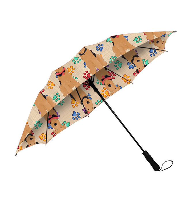 Rainbow Paw Print Airedale Dogs Red Semi-Automatic Foldable Umbrella