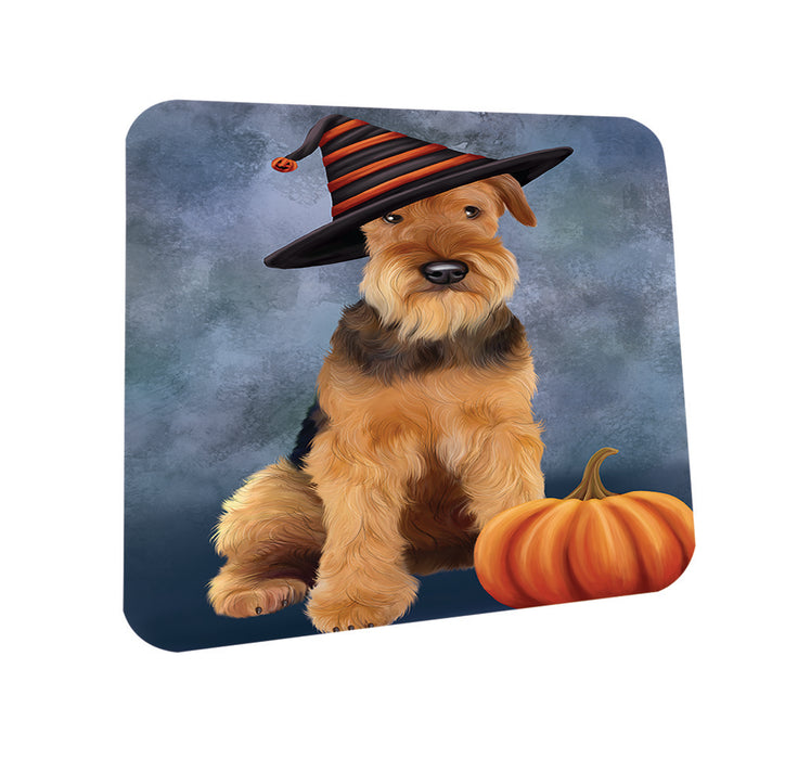 Happy Halloween Airedale Terrier Dog Wearing Witch Hat with Pumpkin Coasters Set of 4 CST54887