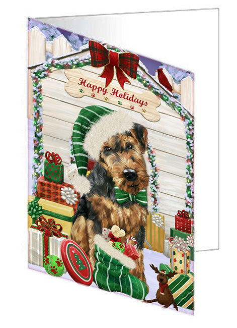Happy Holidays Christmas Airedale Terrier Dog House with Presents Handmade Artwork Assorted Pets Greeting Cards and Note Cards with Envelopes for All Occasions and Holiday Seasons GCD57920