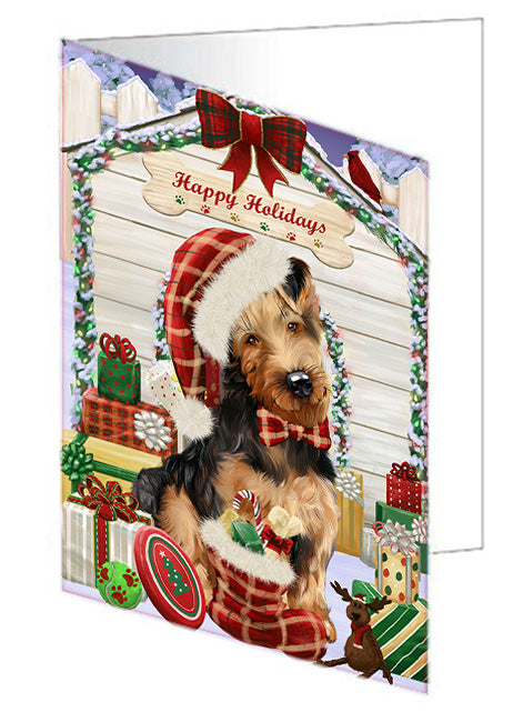 Happy Holidays Christmas Airedale Terrier Dog House with Presents Handmade Artwork Assorted Pets Greeting Cards and Note Cards with Envelopes for All Occasions and Holiday Seasons GCD57923