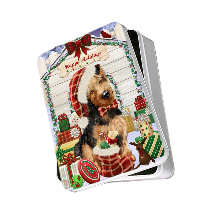 Happy Holidays Christmas Airedale Terrier Dog House with Presents Photo Storage Tin PITN51298
