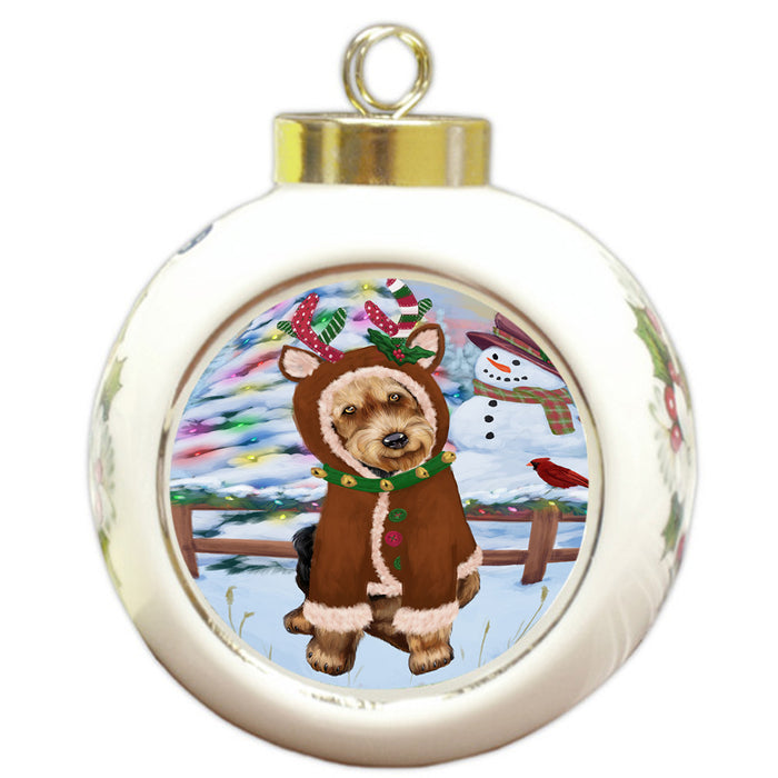 Christmas Gingerbread House Candyfest Airedale Terrier Dog Round Ball Christmas Ornament RBPOR56479