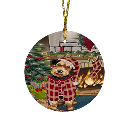 The Stocking was Hung Airedale Terrier Dog Round Flat Christmas Ornament RFPOR55506