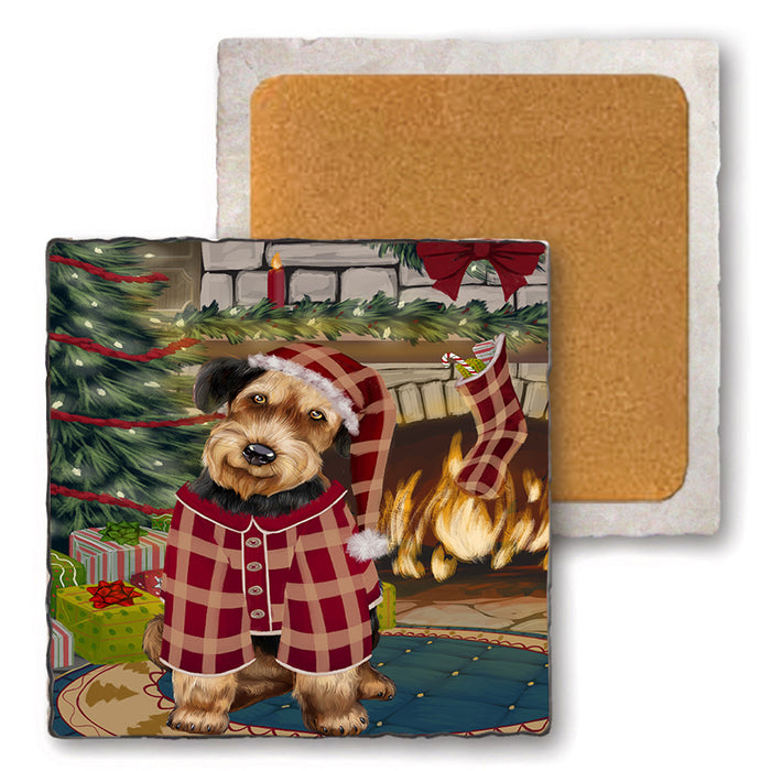 The Stocking was Hung Airedale Terrier Dog Set of 4 Natural Stone Marble Tile Coasters MCST50150