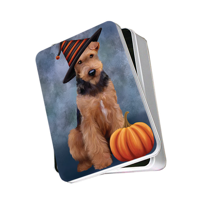 Happy Halloween Airedale Terrier Dog Wearing Witch Hat with Pumpkin Photo Storage Tin PITN54873