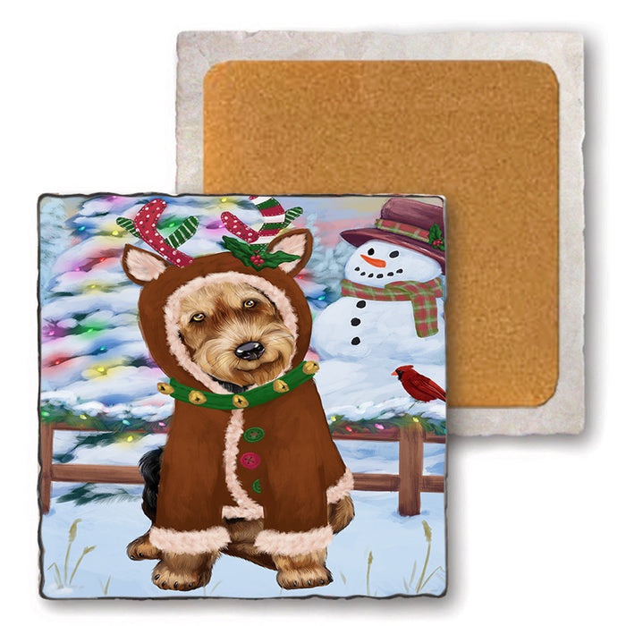 Christmas Gingerbread House Candyfest Airedale Terrier Dog Set of 4 Natural Stone Marble Tile Coasters MCST51123