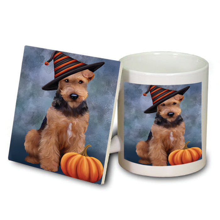 Happy Halloween Airedale Terrier Dog Wearing Witch Hat with Pumpkin Mug and Coaster Set MUC54922