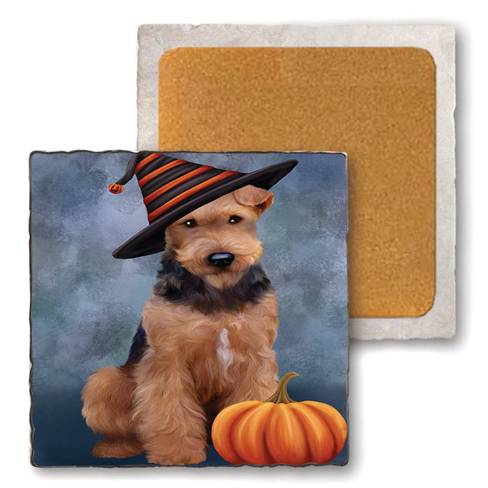 Happy Halloween Airedale Terrier Dog Wearing Witch Hat with Pumpkin Set of 4 Natural Stone Marble Tile Coasters MCST49930