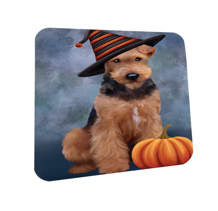 Happy Halloween Airedale Terrier Dog Wearing Witch Hat with Pumpkin Coasters Set of 4 CST54888