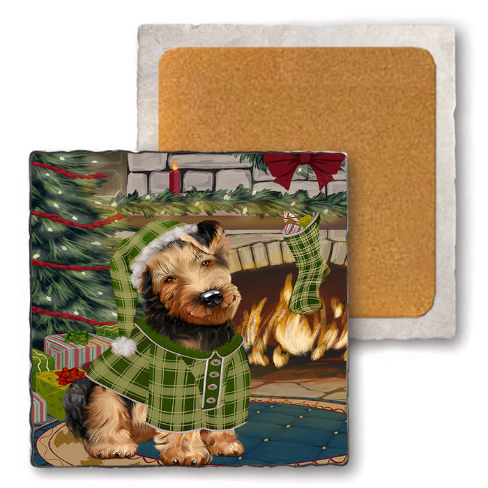 The Stocking was Hung Airedale Terrier Dog Set of 4 Natural Stone Marble Tile Coasters MCST50151