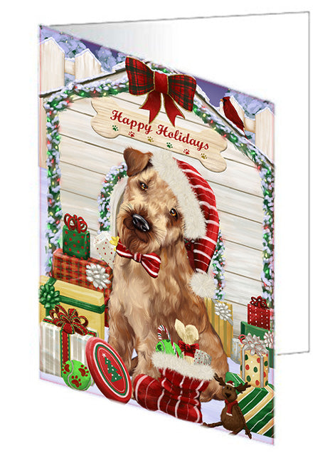 Happy Holidays Christmas Airedale Terrier Dog House with Presents Handmade Artwork Assorted Pets Greeting Cards and Note Cards with Envelopes for All Occasions and Holiday Seasons GCD57926