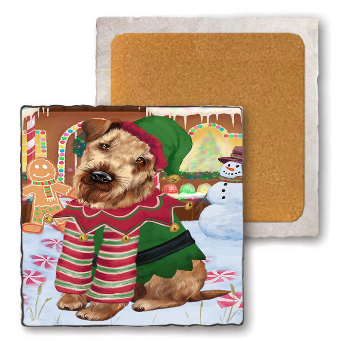 Christmas Gingerbread House Candyfest Airedale Terrier Dog Set of 4 Natural Stone Marble Tile Coasters MCST51124