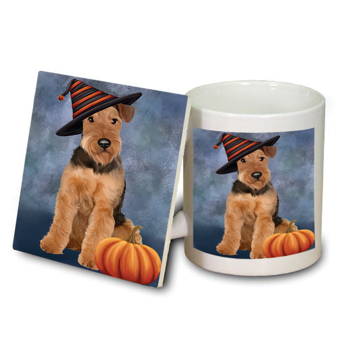 Happy Halloween Airedale Terrier Dog Wearing Witch Hat with Pumpkin Mug and Coaster Set MUC54923