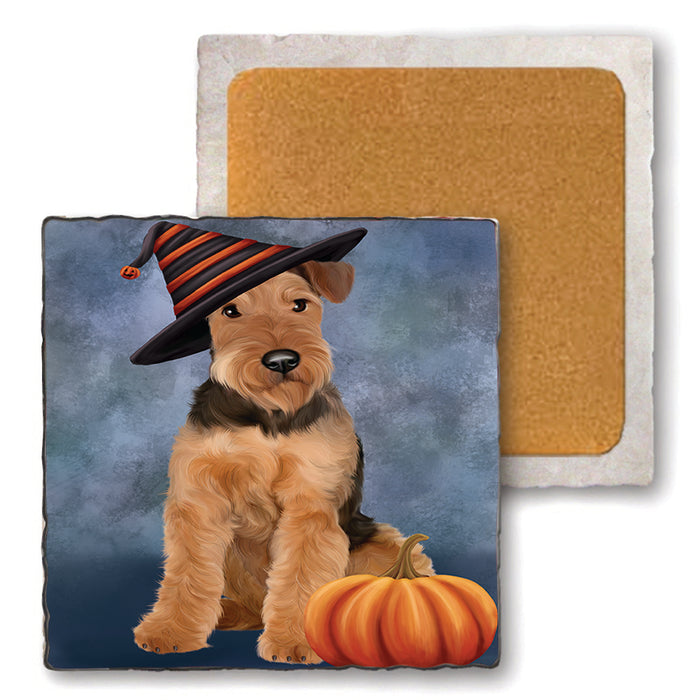 Happy Halloween Airedale Terrier Dog Wearing Witch Hat with Pumpkin Set of 4 Natural Stone Marble Tile Coasters MCST49931