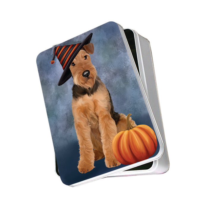 Happy Halloween Airedale Terrier Dog Wearing Witch Hat with Pumpkin Photo Storage Tin PITN54874