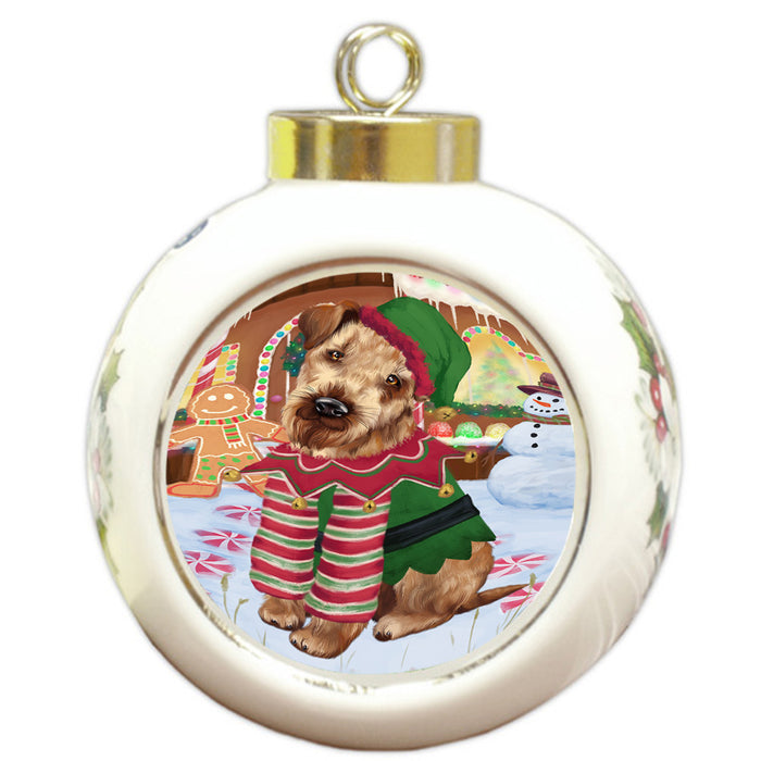 Christmas Gingerbread House Candyfest Airedale Terrier Dog Round Ball Christmas Ornament RBPOR56480