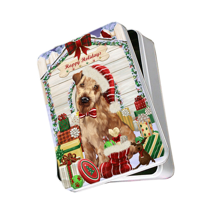 Happy Holidays Christmas Airedale Terrier Dog House with Presents Photo Storage Tin PITN51299