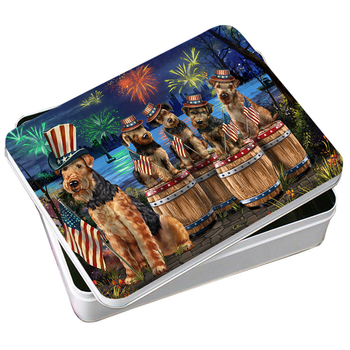 4th of July Independence Day Fireworks Airedale Terriers at the Lake Photo Storage Tin PITN51004