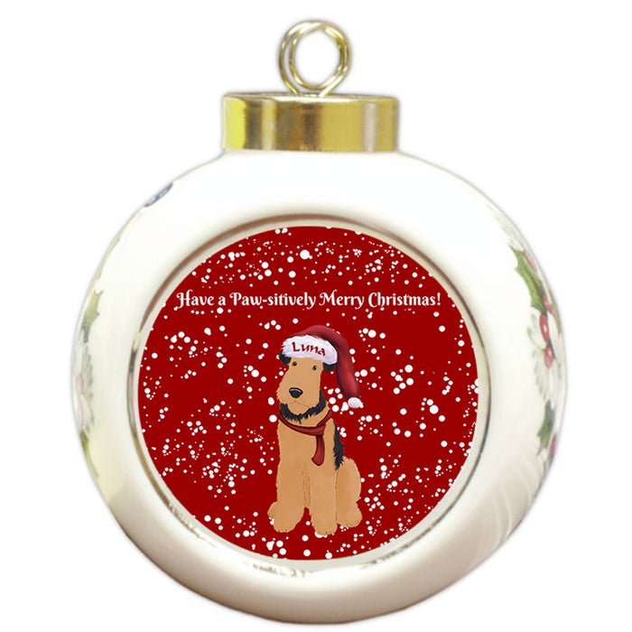 Custom Personalized Pawsitively Airedale Terrier Dog Merry Christmas Round Ball Ornament