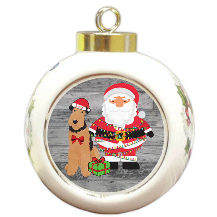 Custom Personalized Airedale Terrier Dog With Santa Wrapped in Light Christmas Round Ball Ornament