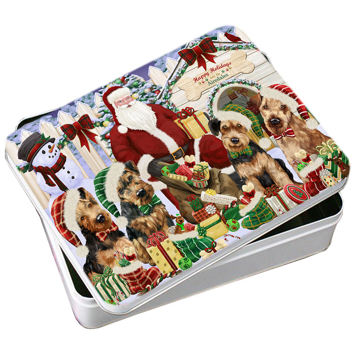 Happy Holidays Christmas Airedale Terriers Dog House Gathering Photo Storage Tin PITN51269