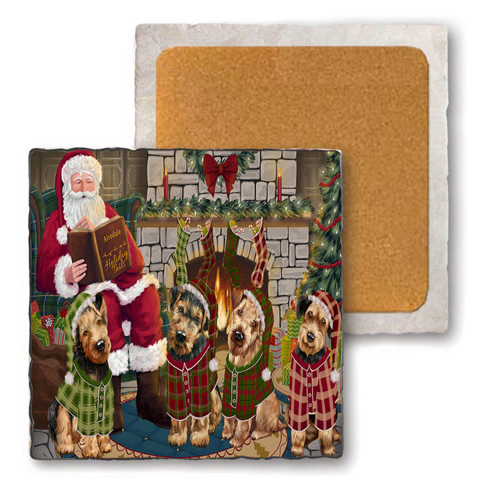 Christmas Cozy Holiday Tails Airedale Terriers Dog Set of 4 Natural Stone Marble Tile Coasters MCST50085