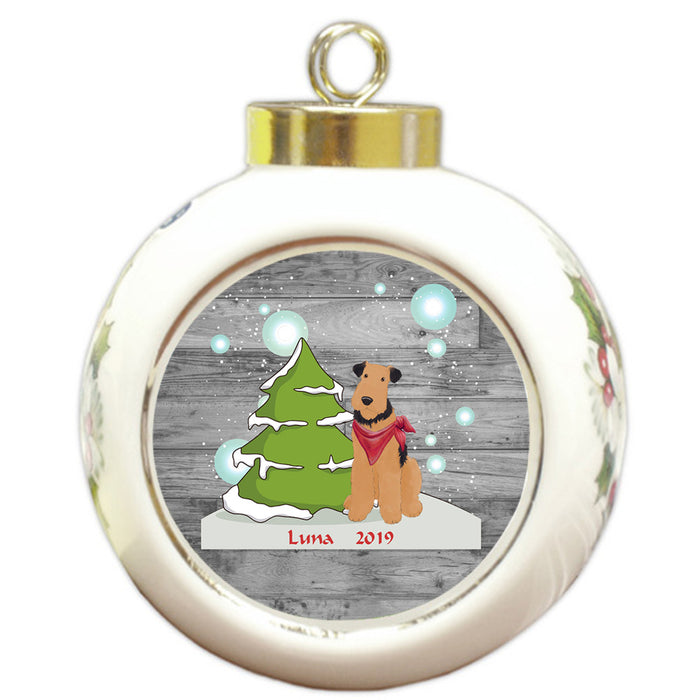 Custom Personalized Winter Scenic Tree and Presents Airedale Terrier Dog Christmas Round Ball Ornament