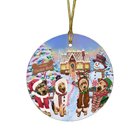Holiday Gingerbread Cookie Shop Airedale Terriers Dog Round Flat Christmas Ornament RFPOR56447
