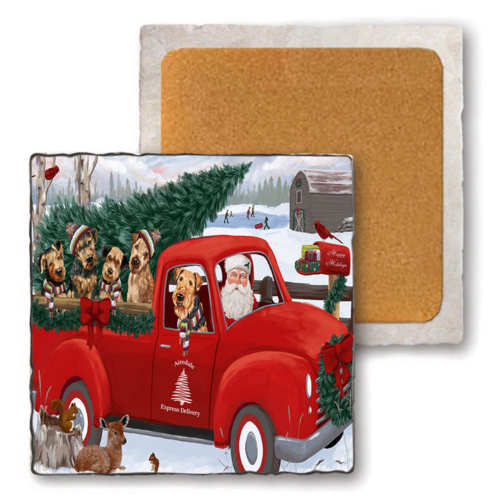 Christmas Santa Express Delivery Airedale Terriers Dog Family Set of 4 Natural Stone Marble Tile Coasters MCST49996