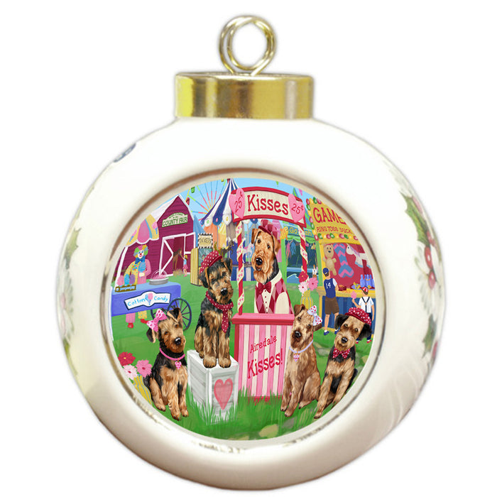 Carnival Kissing Booth Airedale Terriers Dog Round Ball Christmas Ornament RBPOR56126