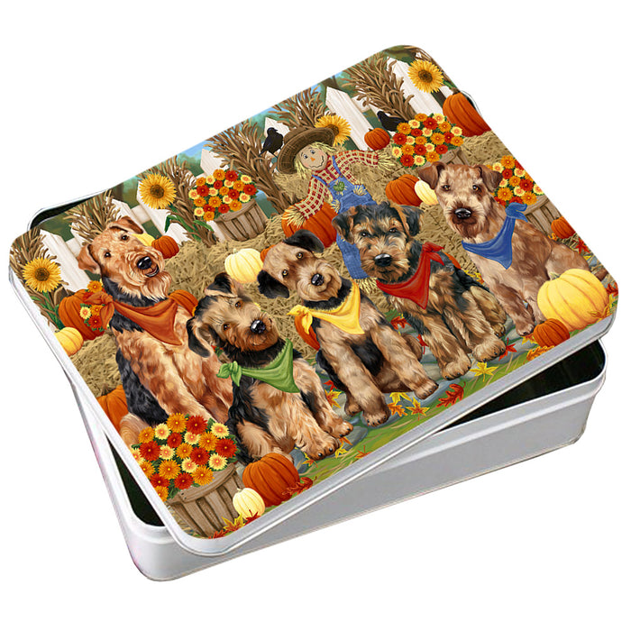 Fall Festive Gathering Airedale Terriers with Pumpkins Photo Storage Tin PITN50614