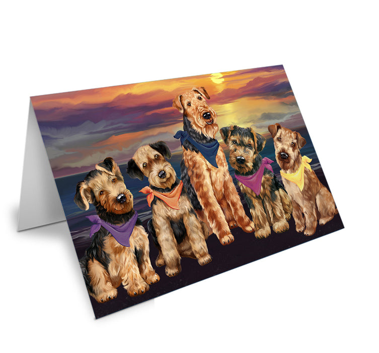 Family Sunset Portrait Airedale Terriers Dog Handmade Artwork Assorted Pets Greeting Cards and Note Cards with Envelopes for All Occasions and Holiday Seasons GCD54707