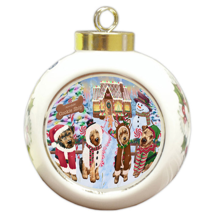 Holiday Gingerbread Cookie Shop Airedale Terriers Dog Round Ball Christmas Ornament RBPOR56447
