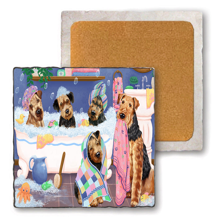 Rub A Dub Dogs In A Tub Airedale Terriers Dog Set of 4 Natural Stone Marble Tile Coasters MCST51749
