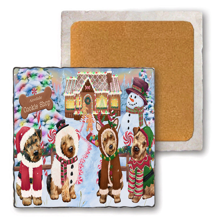 Holiday Gingerbread Cookie Shop Airedale Terriers Dog Set of 4 Natural Stone Marble Tile Coasters MCST51091