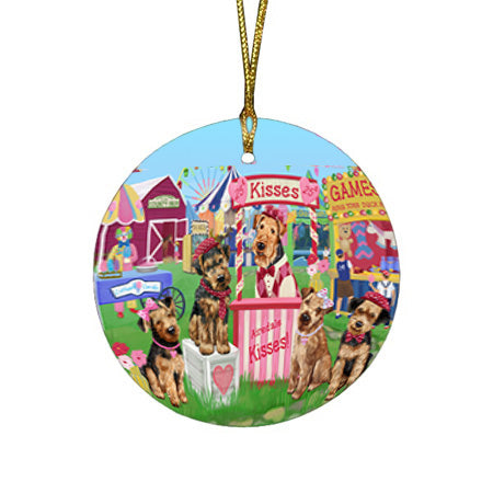 Carnival Kissing Booth Airedale Terriers Dog Round Flat Christmas Ornament RFPOR56126