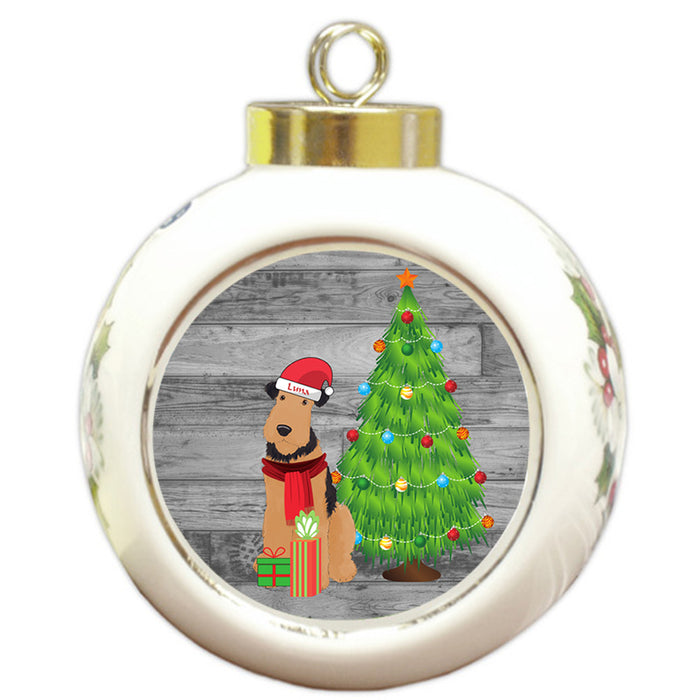 Custom Personalized Airedale Terrier Dog With Tree and Presents Christmas Round Ball Ornament