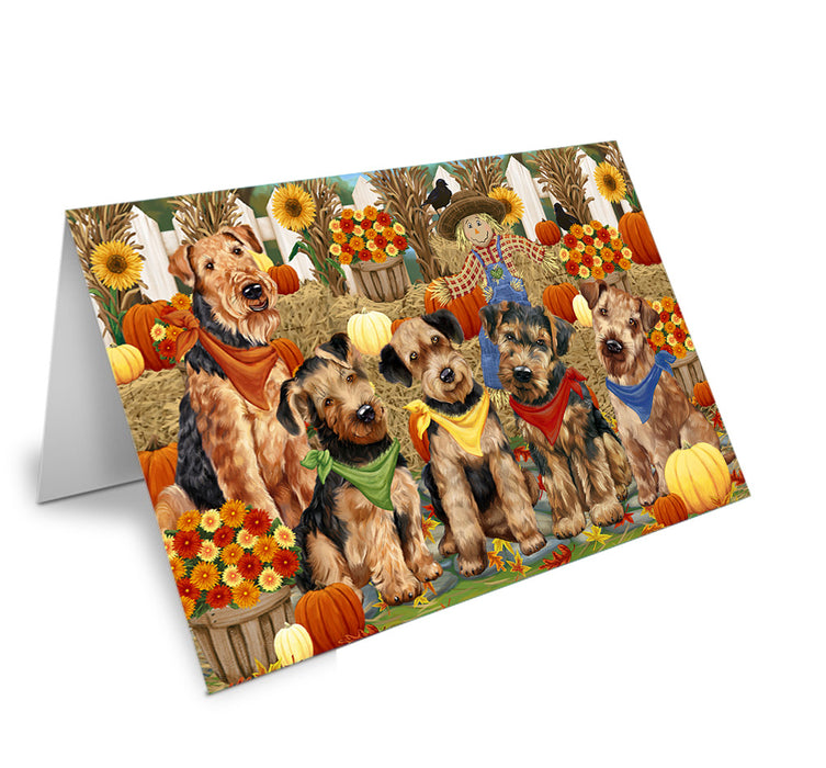 Fall Festive Gathering Airedale Terriers with Pumpkins Handmade Artwork Assorted Pets Greeting Cards and Note Cards with Envelopes for All Occasions and Holiday Seasons GCD55871